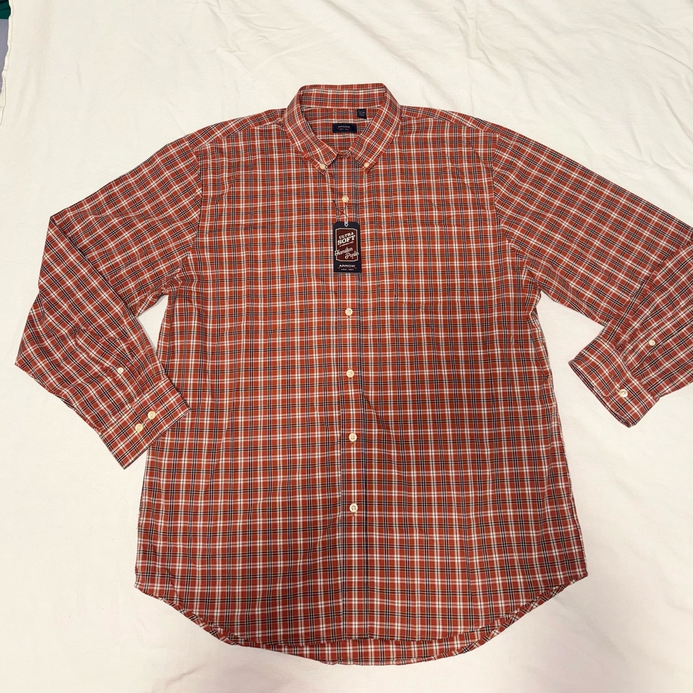 NWT ARROW Button Down Casual Twill Shirt "Red Clay" Plaid SIZE XL